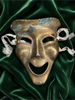 Vintage Bronze Theatrical Mask with Green Patina